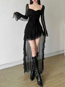 高级亮丽纯色修身高腰时尚方领长袖网纱连衣裙，不对称下摆，适合派对和休闲场合。 - 黑色 - 查看 4