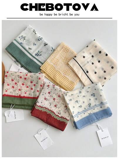 1pc Women's Textured Small Scarf/Handkerchief/Headscarf, Multifunctional Printed Linen Scarf/Neck Scarf/Handkerchief In European And American Style