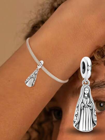 1Pc 925 Sterling Silver Fashionable Madonna Beads Pendant Charms Fit For Women Bracelets Bangles DIY Jewelry Making And Daily Outfit Matching Jewelry Decoration For Girls