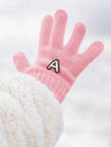 1 Pair Baby Girl Pink Letter Pattern Gloves, Fashionable & Cute, Soft & Warm, Suitable For 1-3 Years Old Girls Everyday Use In Autumn/Winter - Pink - View 2