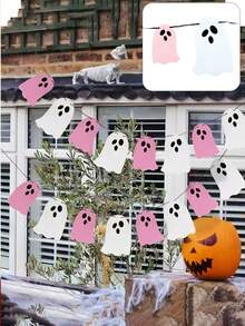 Spooky Pink & White Felt Garland White Pink Ghost Garland Felt Ghost Banner For Haunted House Fireplace Indoor Outdoor Halloween Party Decorations Supplies,Christmas Indoor/Outdoor Decor