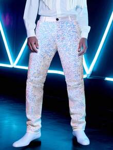 Men's Shiny Sequin Pants, Outerwear Performance Trousers, Nightclub & Bar Style