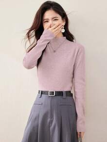 Women's Turtleneck Sweater, Loose Knit Top, Slouchy, Autumn/Winter - Baby Pink - View 4