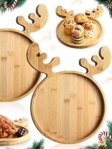 1 件鹿角托盘、圣诞派对餐盘、木制水果盘、小吃和干果托盘、红木鹿托盘 - 彩色 - 查看 3