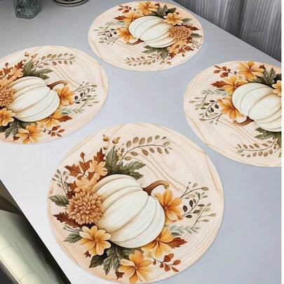 4/6/8pcs Thanksgiving Placemats - Autumn Harvest Pumpkin Pattern, Tablecloths, Hand Wash Only, Round Autumn Table Decor, Kitchen & Dining Party Decoration - 15 Inches
