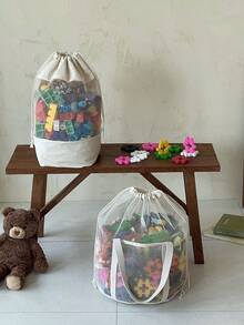 1个大容量物品抽绳收纳袋积木收纳桶网状玩具整理桶帆布书籍整理桶便携式游泳洗漱袋多功能物品收纳袋带提手轻便拼图收纳袋毛绒玩具收纳抽绳袋大号日常洗衣篮儿童物品收纳桶 - 米色 - 查看 2