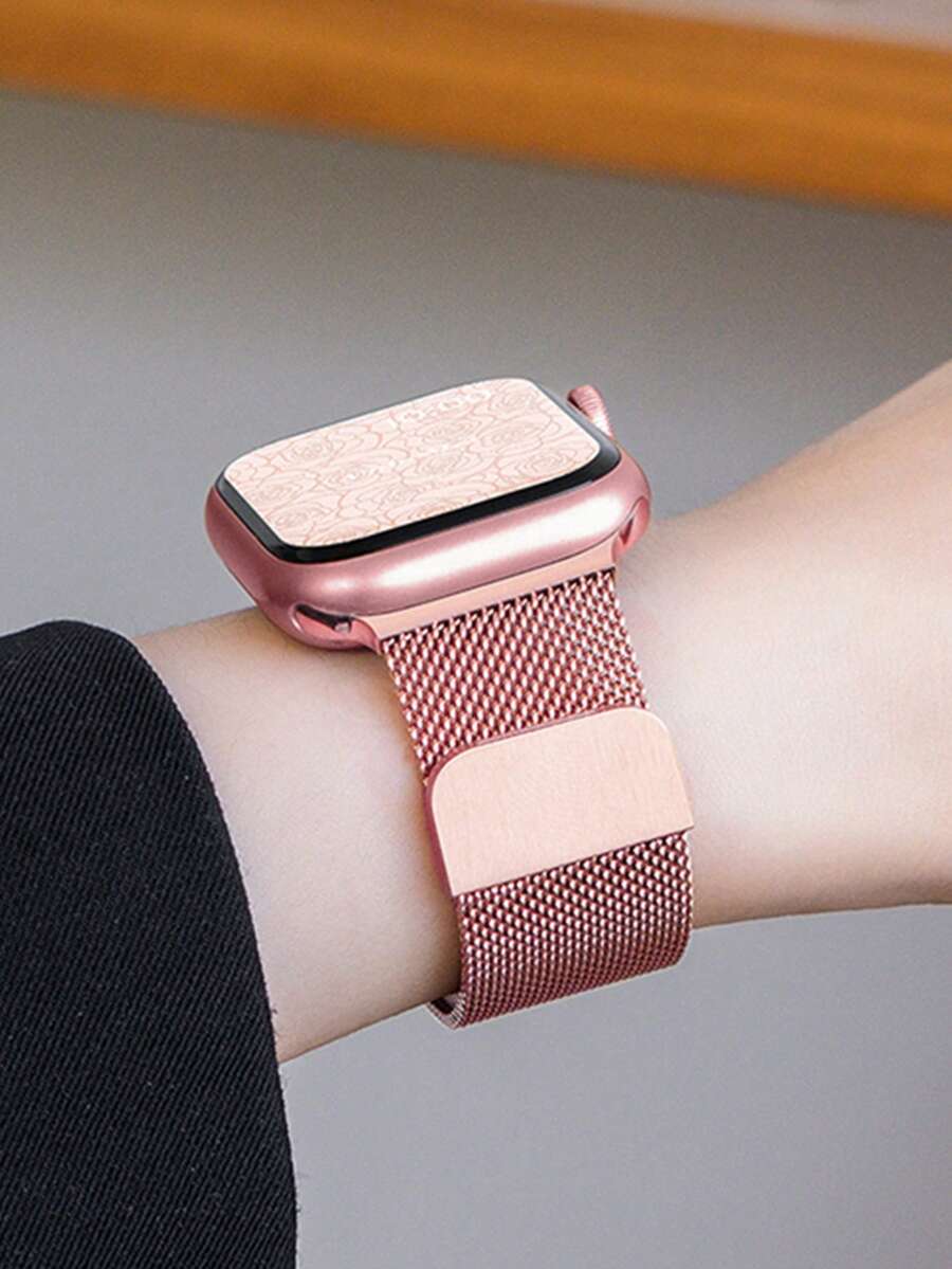 1条时尚米兰尼斯表带，粉色，男女通用，兼容 46mm 49mm 40mm 44mm 45mm 41mm 42mm 38mm Ultra 3/2/1，优质磁性不锈钢金属表带，可替换Series 11 10 9 8 SE 7 6 5 4 3 2 1的表带，无缝磁性表扣设计，可调节米兰尼斯网状表带，时尚智能手表表带，兼容表带