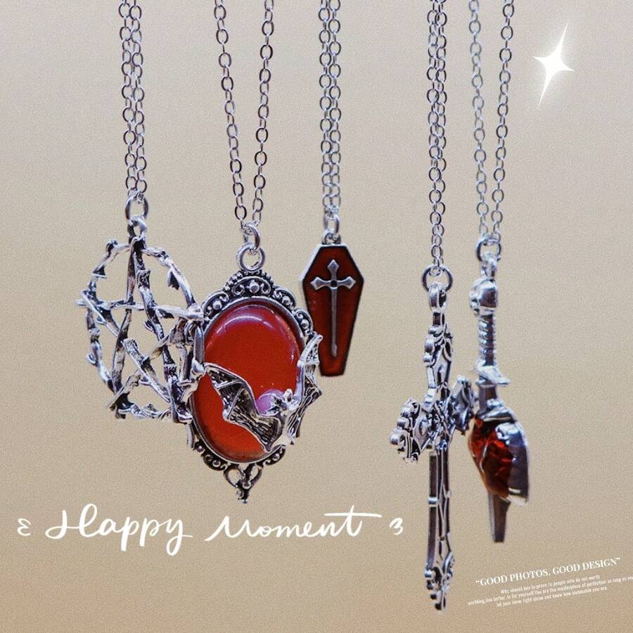 5pcs Y2K Vintage Gothic Punk Rock Style Bat, Gemstone, Bat Cross, Coffin, Arrow Through Heart, Red Heart, Star Pendant Necklace Set, Stainless Steel Chain, Ins Hipster Bohemian Love Lock Charm Necklaces