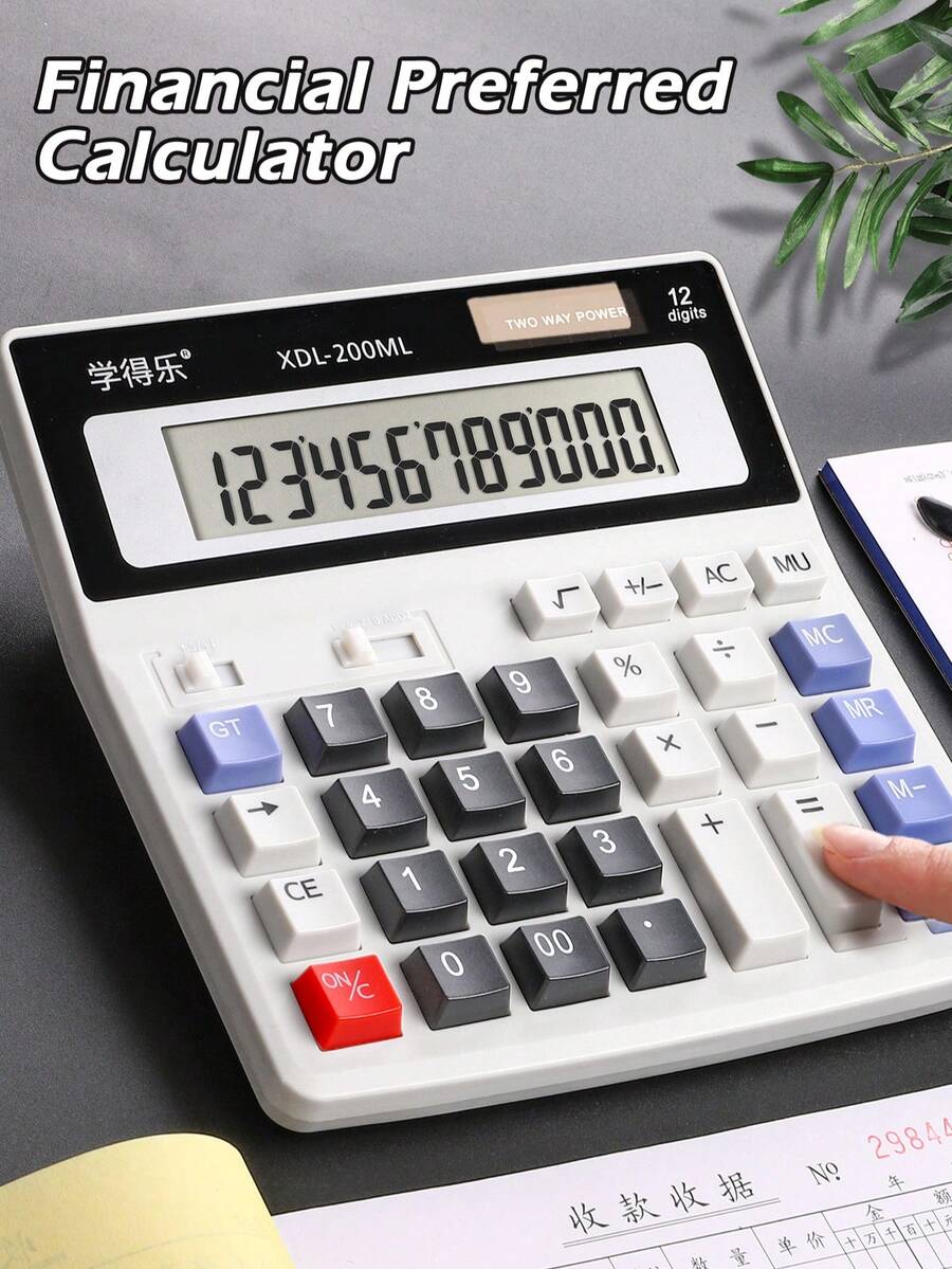 1pc Financial Office Calculator,12-Digit Large Display & Large Buttons,Solar Cell Dual Power Supply, Multipurpose, Suitable For Commercial, Financial And Accounting Use Back To School - Black and White - View 1