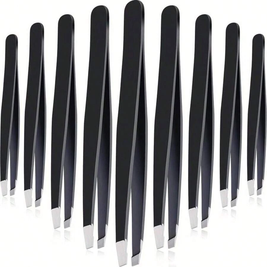 12pcs Eyebrow Tweezers Set, Stainless Steel Slanted Tip Tweezers For Facial Hair Grooming - Black - View 1