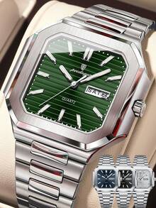 POEDAGAR Luxury Square Stainless Steel Date Day Quartz Wristwatch, Business Waterproof Luminous Men's Watch, Casual Men's Wristwatch, Suitable For Daily Occasions, Men's Birthday Gift