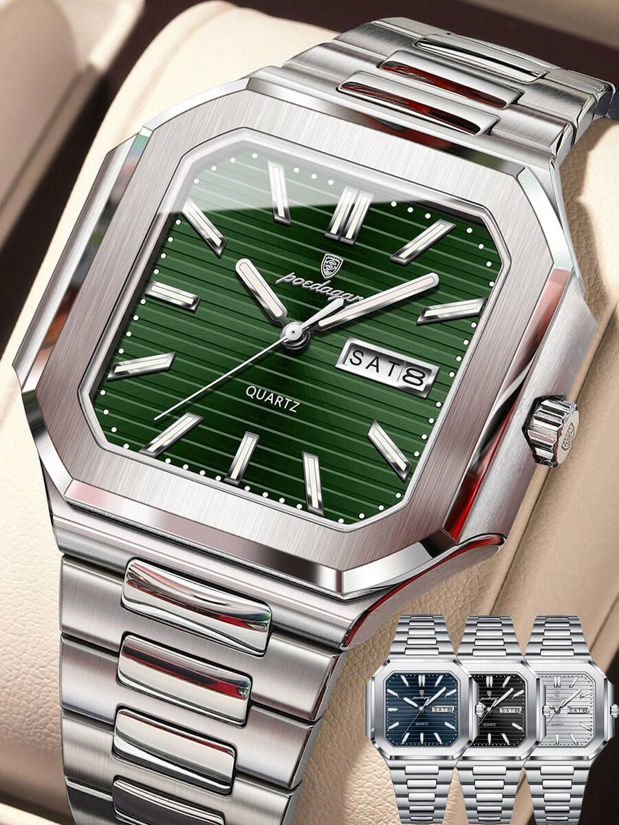 POEDAGAR Luxury Square Stainless Steel Date Day Quartz Wristwatch, Business Waterproof Luminous Men's Watch, Casual Men's Wristwatch, Suitable For Daily Occasions, Men's Birthday Gift - 均碼 - 查看 1