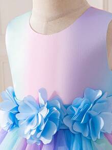 Girls Spring/Autumn Outfit, Collar Fashionable Dress Suit, Colorful Gradient Fluffy Princess Dress With 3D Floral Decor Mid-Length Dress, Children Versatile Top & Vest Dress 2 Pieces Set, Stylish Casual Top, Birthday Party, Holiday, Performance Dress Suit - Blue - View 9