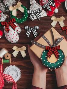 60 件迷你圣诞丝带蝴蝶结，白色、亚麻色和格子丝带蝴蝶结，冬季家居装饰，圣诞装饰，红色和黑色格子，农舍风格蝴蝶结装饰，派对用品，适用于冬季装饰、家居、墙壁和树木装饰，圣诞装饰 - 彩色 - 查看 3