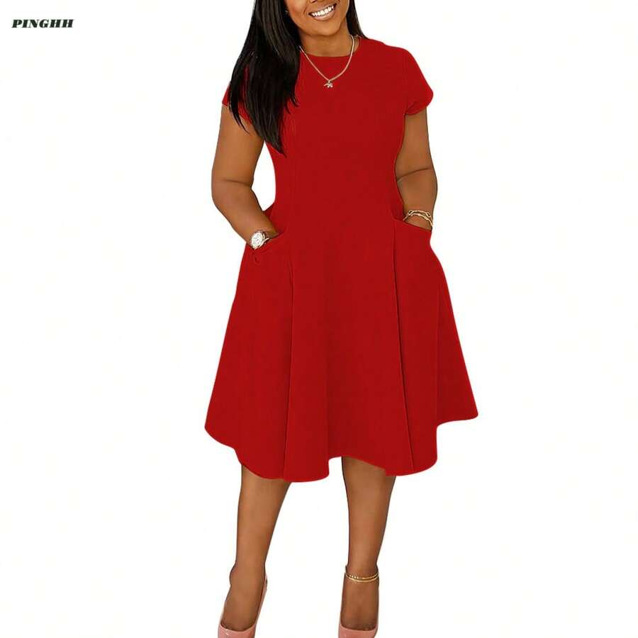 Womens Elegant Casual Short Sleeve Midi Dress - 紅色 - 查看 1