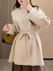 Alicedudu Women's Elegant Long Pullover With Waist Belt Design, Autumn/Winter - Apricot - View 1