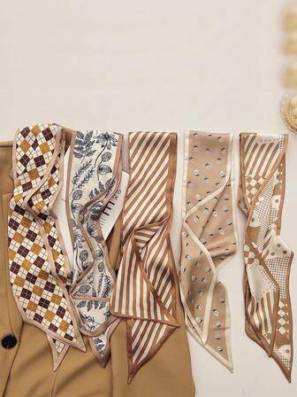 5件套卡其色真丝围巾和花卉图案发带，日常及度假多用途优雅发饰女士头巾柔软头巾Yogo头带优雅围巾