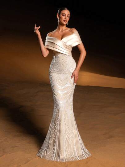 Faeriesty Luxurious Off-Shoulder Sparkly Beaded Mermaid Evening Gown With Multi-Layered Satin Waves - Elegant Cascading Bead, Perfect For Wedding Banquets, Fashion Shows, Award Ceremonies, And Evening Galas For Women Party Formal