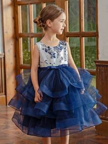 Young Girl Navy Blue 3D Bow Sleeveless Tulle Elegant Party Dress, Princess Dress, Suitable For Girls Birthday Party, Banquet, Prom, Wedding, Flower Girl Dress, Ramadan Holiday Outfit - Navy Blue - View 5