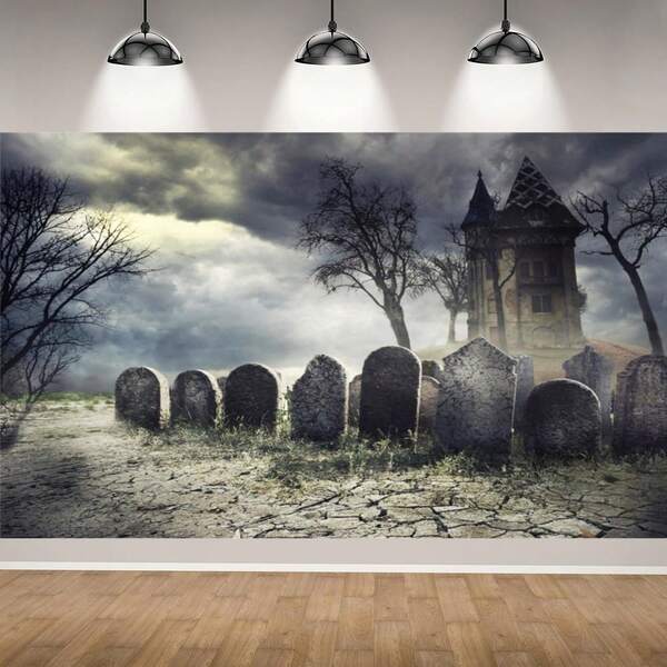 Bannière d'arrière-plan de cimetière lugubre, toile de fond de maison hantée à la lumière de la lune, photo de pierre tombale fantomatique, décoration de fond pour fête d'Halloween