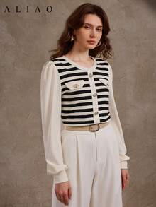 Aliao High-End Striped Fake Buttons Crewneck Pullover, Court Style, Halloween, Business Casual Woman, Valentine's Day, Elegant Ladies, Fall & Winter, Old Money Style - Multicolor - View 5