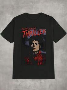 Men's Thriller Album Vintage Portrait-Shirt - Black Tee With Red Lettering, Iconic MJ Shirt Fans, Casual Casual Attire Or Costume Parties - Washable Retro Music Memorabilia, Music Shirt, Fan Merchandise, Classic Design, Comfortable Fit, Culture Apparel, Culture Enthusiasts - 黑色 - 查看 2