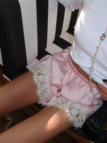 Women's Satin Lace Trim Mini Shorts Y2K Bloomers Shorts Elastic Waist Silk Slip Lounge Casual Going Out Bottoms - 粉色 - 查看 3
