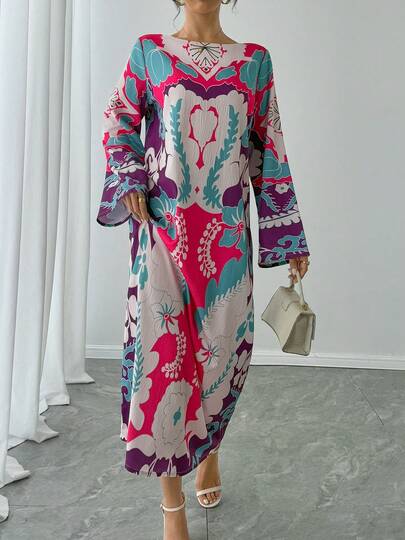 1pc Women's Round Neck Bell Sleeve Long Sleeve Maxi Dress, All-Over Printed Casual Dress, Elegant Arabic Style Dress, Luxury Evening Party Holiday Abaya Robe