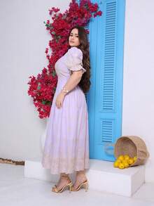 Elegant Midi Dress In 3D Embroidery, Lined, Princess Puff Sleeve, Ruffle Hem - Lilac Purple - View 5