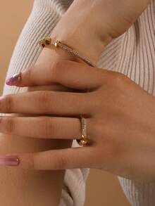 rakol 2pcs Cubic Zirconia Decor Minimalist Fashion Nail-Shaped Open Bangle Bracelet & Adjustable Ring Set - Jewelry Set - View 5