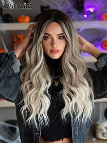 24 Inch Long Wavy Silver To Grey Ombre Wig For Women Heat Resistant Fiber Middle Part Hairpiece With Dark Roots,Natural Synthetic Full Machine Hair Wigs For Daily Music Festival Party Wear, Cosplay Halloween & Street Photography Use - 漸變灰色 - 查看 1