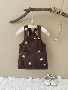 INS Newborn Baby Girls Casual Floral Embroidered Corduroy Pocket Suspender Skirt, Spring/Autumn - Coffee Brown - View 5