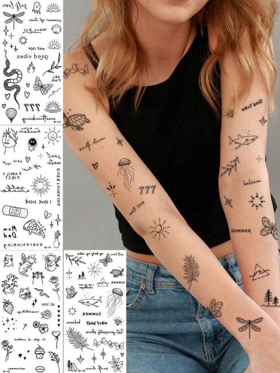 1 件黑色临时纹身贴纸，包括水母、蝴蝶、猫、花朵、字母和蛇图案，适用于腿部、脚部、锁骨、颈部的励志纹身 - 黑色 - 查看 1