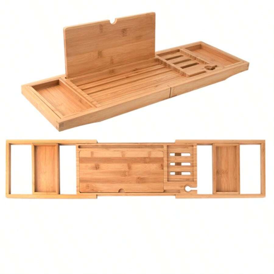 1 szt. wysuwana bambusowa tacka do wanny, rozkładany stojak do przechowywania wanny, antypoślizgowa tacka do przechowywania, uchwyt do telefonu komórkowego i notebooka, przechowywanie akcesoriów kąpielowych, akcesoria łazienkowe, akcesoria do wanny, przechowywanie i organizacja łazienki