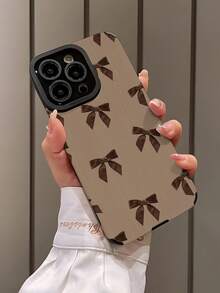 WeiMi 1pc Vintage Brown Bow Illustration Pattern Vertical Striped Faux Leather Soft Protective Phone Case, Compatible With IPhone And S16/S16 Plus/S16 Pro/S16 Pro Max - Multicolor - View 3