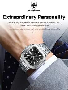 POEDAGAR Luxury Square Stainless Steel Date Day Quartz Wristwatch, Business Waterproof Luminous Men's Watch, Casual Men's Wristwatch, Suitable For Daily Occasions, Men's Birthday Gift