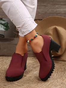Tacones altos de tacón grueso clásicos para mujer, bombas de tacón ancho, zapatos de trabajo cómodos, primavera/verano 2025 - Vino tinto - Ver 4