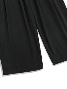 HUTENER Plus Size Women 2 Pieces Set - Lantern Sleeve Solid Color Lapel Button Design Blouse + Pocket Ruched Long Pants, Suitable For Commuting, Business, Office Black Spring Elegant - Black - View 6