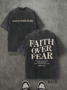 Retro Washed T-Shirt Double Sided Printed (230 Pure Cotton T-Shirt) 'FAITH OVER FEAR'  Letter Print, Mens TShirt, Mens Shirt Casual, Comfortable, Fashionable T-Shirt, Street Style Cotton - 黑色 - 查看 1