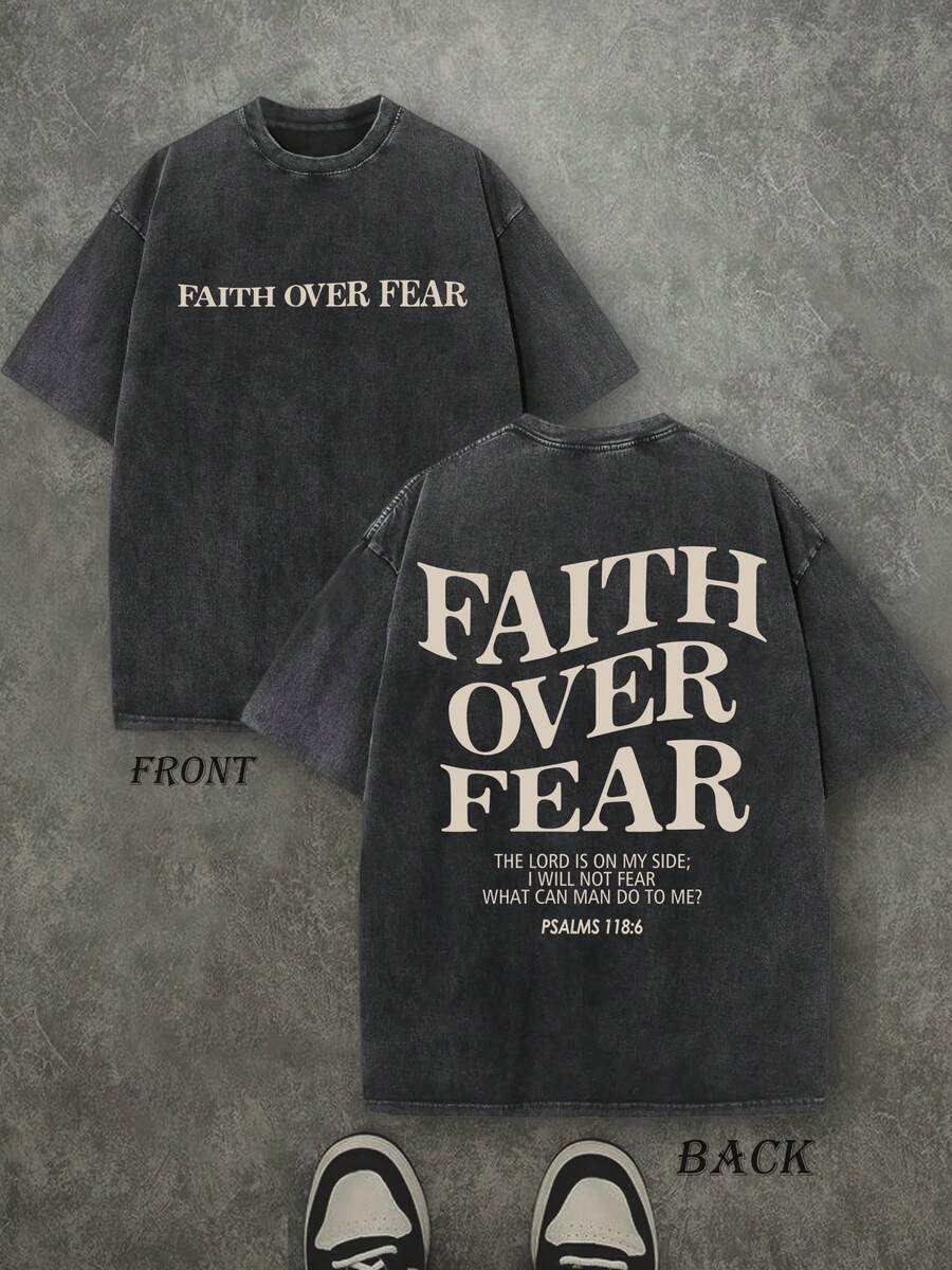 Retro Washed T-Shirt Double Sided Printed (230 Pure Cotton T-Shirt) 'FAITH OVER FEAR'  Letter Print, Mens TShirt, Mens Shirt Casual, Comfortable, Fashionable T-Shirt, Street Style Cotton - 黑色 - 查看 1