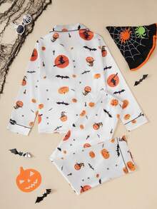 Halloween Pumpkin & Bat Print Pocket Front Button Long Sleeve Top & Pants Pajama Set For Women, Fall Winter Clothes - White - View 2