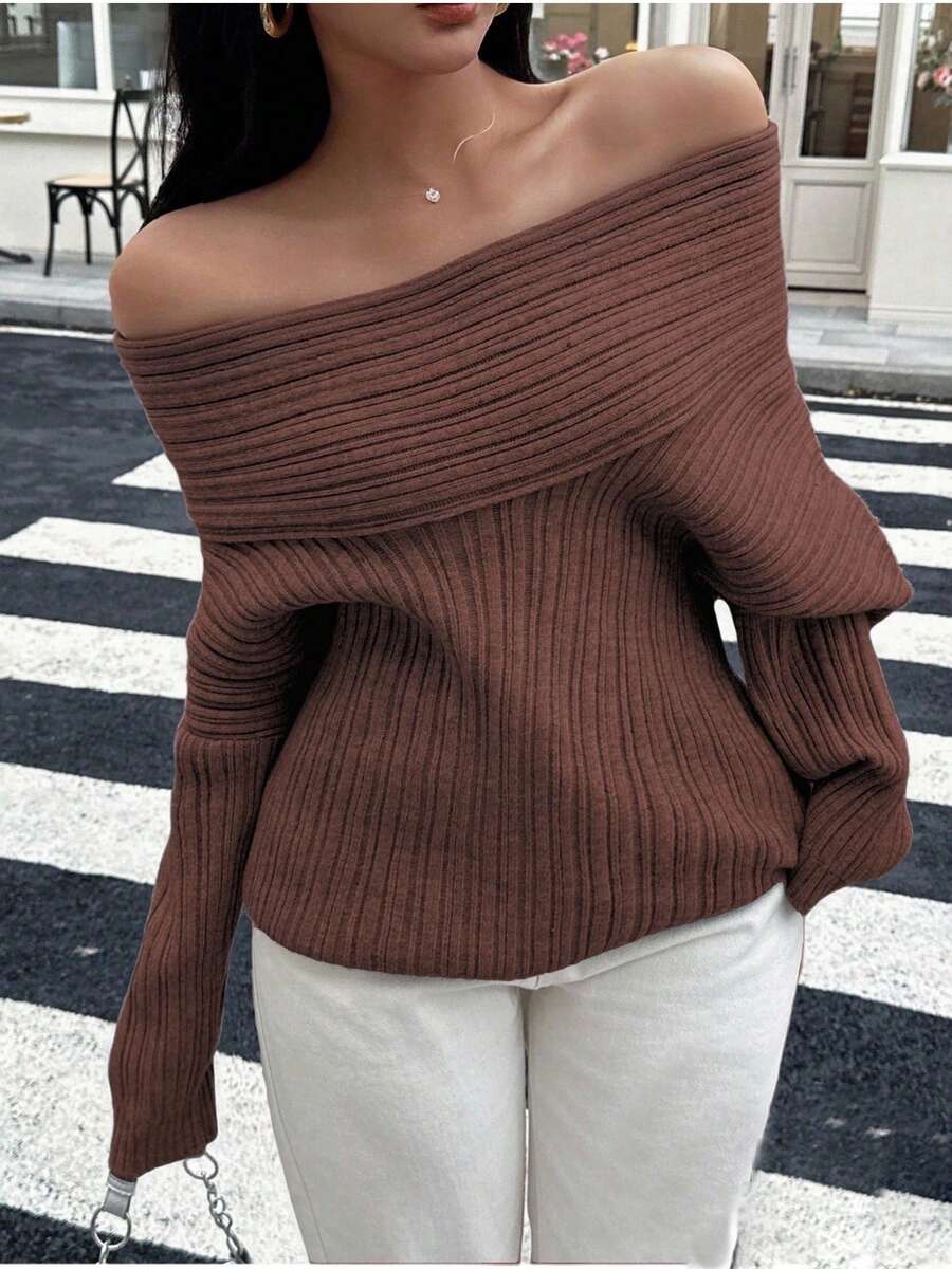 Maglione a coste largo e morbido con spalle scoperte, colletto alla francese, colore unito, nuovo per donna in autunno/inverno DEEKA - Castano - Visualizzare 1