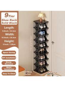9/6 层窄鞋架，全新升级款鞋架小型垂直鞋架，节省空间的 DIY 独立式鞋子收纳架，适用于入口、衣柜、走廊，易于组装且结构稳定，黑白