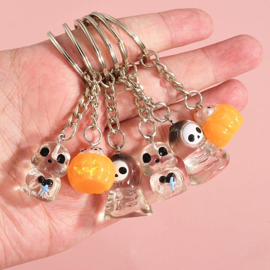 4 Stücke gemischte Halloween Kürbis, Schädel transparente Anhänger Schlüsselanhänger, geeignet für Feiertagsstimmung, toll zum Teilen mit Freunden und Familie, Halloween Accessoires, Lehrertag, Weihnachtsgeschenkideen, Taschenzubehör, Schlüsselbänder mit ID-Halter, Autozubehör, Taschenanhänger