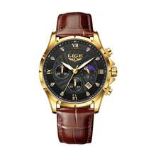 LIGE Casual Men's Three-Eye Quartz Watch Waterproof Luminous Electronic Moon Phase Multifunctional Calendar Watch Gift-Giving Choice