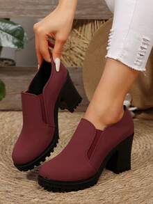 Tacones altos de tacón grueso clásicos para mujer, bombas de tacón ancho, zapatos de trabajo cómodos, primavera/verano 2025 - Vino tinto - Ver 2