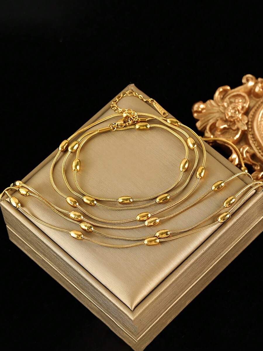 1 Set de Joyería de Collar y Pulsera de Acero Inoxidable Multicapa de Lujo, Estilo Minimalista Elegante, Versátil para Regalo o Uso Diario - Amarillo Oro - Ver 1