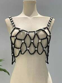 1pc Handmade Beaded Hollow Faux Pearl & Rhinestone Boho Style Necklace Chain Jewelry Accessory For Women, Suitable For Dates, Weddings, Parties, Summer Beach Vacation And Daily Wear