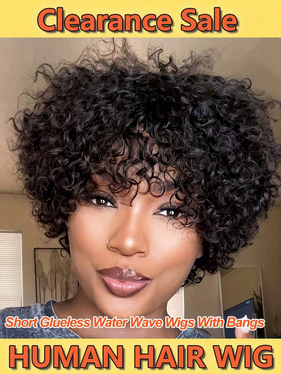 Women Glueless Short Afro Wigs Human Hair Kinky Curly Wigs Human Hair Short Water Wave Wigs Wear And Go Non Lace Wig Pixie Cut Wig For Daily Party Use, Cosplay, Festivals - Natural Black - Xem 1