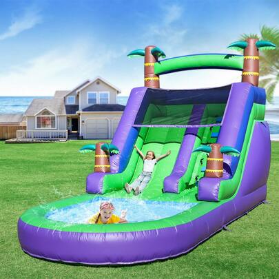 21 Ft(L) Rental Grade Backyard Water Slide For Kids & Adults, Commercial Grade PVC Pool, 6 Ft Long Waterslide, Purple Outdoor Castle, Summer Fun, Dry Wet Use, No Blower,  21 X 9 X 12 Ft